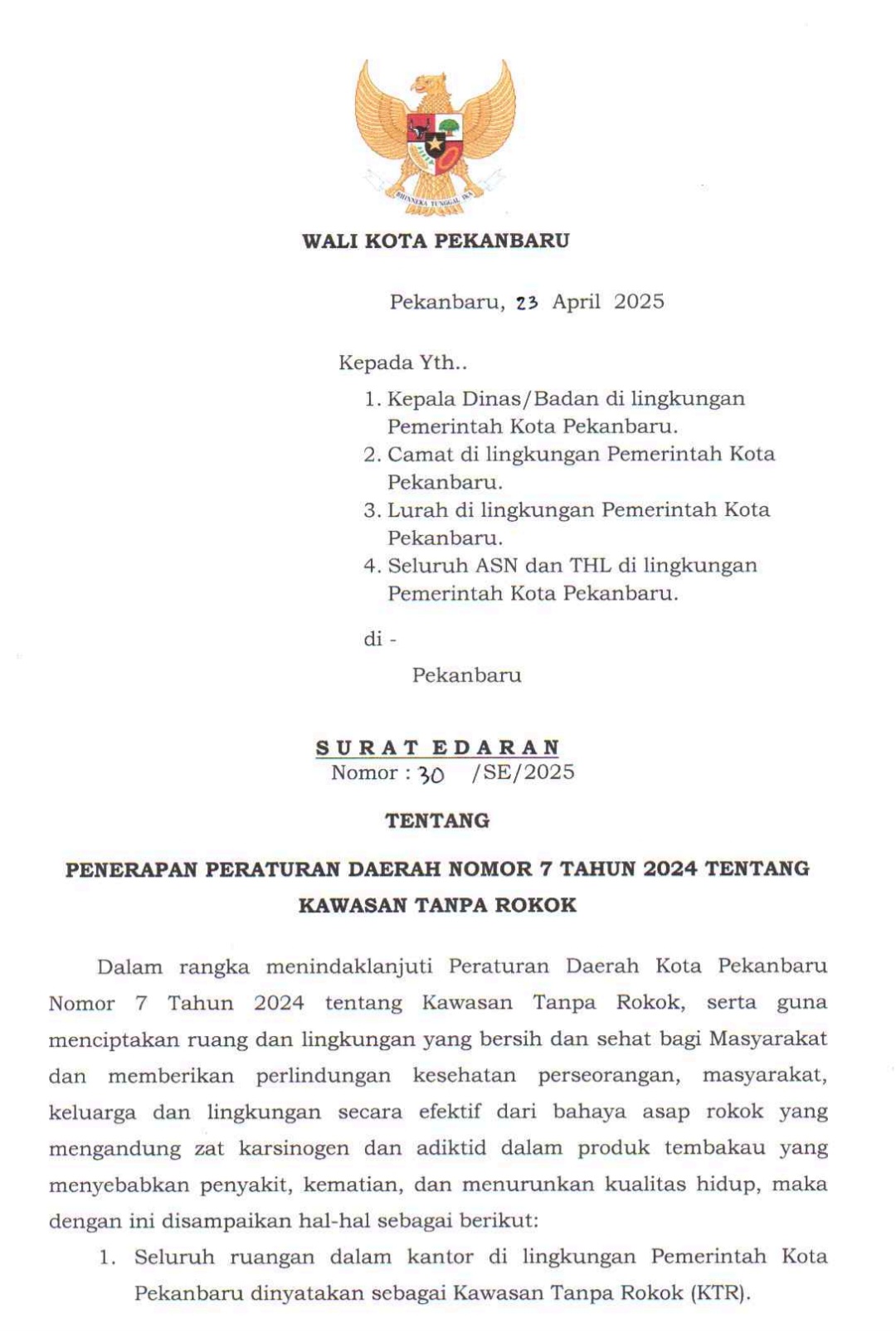 Wali Kota Pekanbaru Terbitkan SE Tentang Penerapan KTR